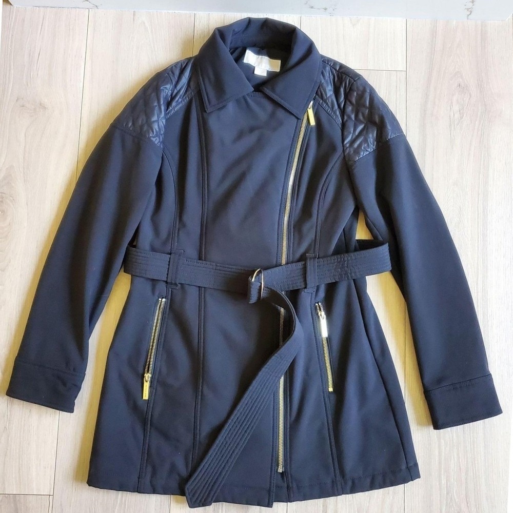 MICHAEL‎ Michael Kors Coat Womens XS Black Belted Softshell Zip Trench Quilted